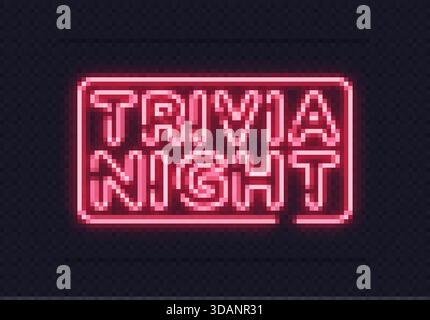 Insegna luminosa al neon con testo notturno a curiosità in linee rosa brillanti. Perfetto per eventi bar, quiz o serate a tema. Illustrazione Vettoriale