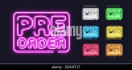 I cartelli al neon brillanti possono essere PRE-ORDINATI in sette stili luminosi, adatti per promozioni, lanci o anteprime dei prodotti. Illustrazione Vettoriale