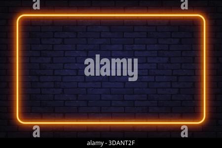 Cornice al neon arancione brillante che si illumina su una parete di mattoni scuri. L'elegante contrasto offre un'atmosfera moderna e ispirata alla vita notturna, perfetta per annunci pubblicitari e digitali Illustrazione Vettoriale
