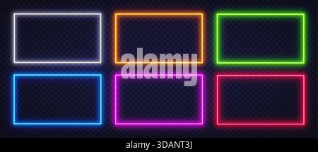 Set di luminosi rettangoli al neon con colori vivaci su sfondo trasparente. Design moderno e luminoso, ideale per poster, grafica Web e futuristica Illustrazione Vettoriale