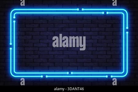Cornice al neon blu brillante con linee a circuito stampato su una parete di mattoni scuri. Design cibernetico futuristico, perfetto per annunci tecnologici, banner o temi digitali. Illustrazione Vettoriale