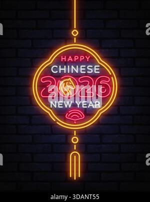 Design al neon circolare con 2026, insegna del cavallo e bagliore natalizio. Ideale per i banner delle vacanze e i poster a tema. Illustrazione Vettoriale