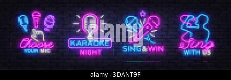 Set di insegne luminose a tema karaoke con microfoni, cantanti e frasi accattivanti. Perfetto per promuovere serate musicali o eventi vocali divertenti. Illustrazione Vettoriale