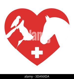 Logo illustrativo per clinica veterinaria, applicabile per un negozio di animali domestici. Sagome animali sullo sfondo del cuore Illustrazione Vettoriale
