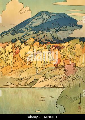 Hiroshi Yoshida Autumn Hakkodasan 1929 Showa Woodblock Hakkoda Mountains, picco del fogliame autunnale, rossi ardenti, arance, valle, bagliore del tramonto, colore raffinato Illustrazione Vettoriale