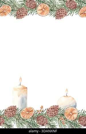 Inverno, cornice verticale quadrata di Natale, bordo. Piante invernali, fette di arancia secca e candele. Illustrazione a mano di una casa accogliente botanica in stile rustico Foto Stock