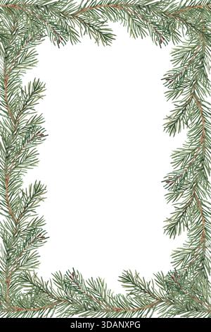 Cornice verticale quadrata invernale, bordo con rami di abete e pini. Illustrazione ad acquerello disegnata a mano. Perfetto come modello per cartoline o poster per Natale o. Foto Stock