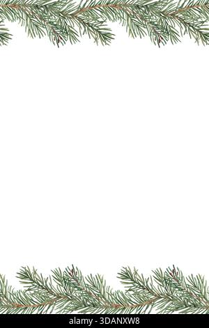 Cornice verticale quadrata invernale, bordo con rami di abete e pini. Illustrazione ad acquerello disegnata a mano. Perfetto come modello per cartoline o poster per Natale o. Foto Stock