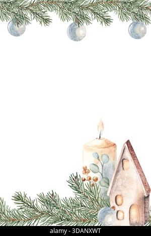 Cornice verticale quadrata invernale, bordo con abete, rami di pino, baule natalizie blu, casa in ceramica, lanterna e candela. Acquerello disegnato a mano Foto Stock