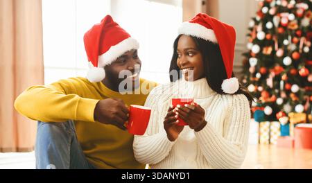La coppia si diverte con un drink caldo vicino all'albero di Natale in una camera accogliente durante le festività Foto Stock