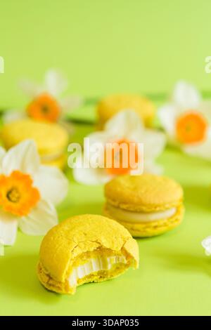 Macaron francesi gialli su sfondo verde, con fiori di narcisi gialli in una luce soffusa Foto Stock