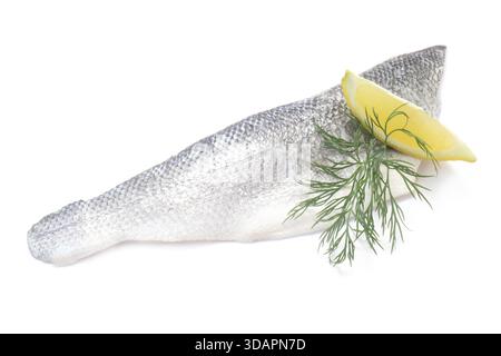 Cibo, spigola europea isolata su bianco Foto Stock