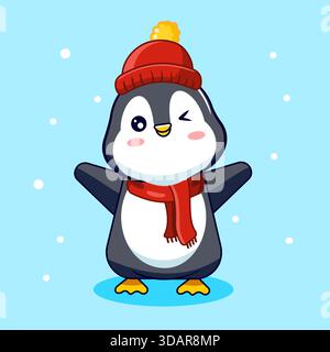 Simpatico pinguino avvolgente in Red Winter Hat e sciarpa Happy in Winter Season Vector Illustration Cartoon Illustrazione Vettoriale