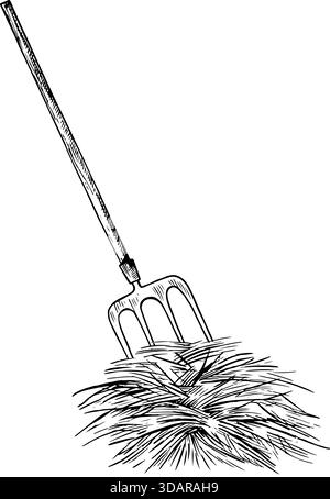 Un fascio di fieno con un forcone. Illustrazione vettoriale in bianco e nero disegnata a mano. Raccolta del fieno. Mangimi per animali. Per progetti agricoli, imballaggi, etichette Illustrazione Vettoriale
