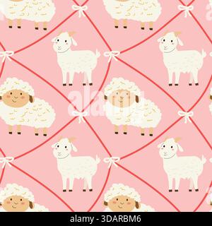 Simpatici animali da fattoria con griglia diagonale e nodi di archi su sfondo rosa. Grazioso motivo in stile cottage per stampe da vivaio per bambini, design in tessuto. Illustrazione Vettoriale