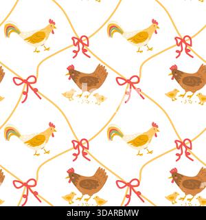 Simpatici uccelli da fattoria con griglie diagonali e nodi di archi. Polli, galline e gallo motivo rustico senza cuciture per stampe per bambini, sfondi, giochi per bambini Illustrazione Vettoriale