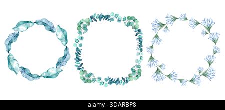 Set di delicate corone di acquerello con rami frondosi, gambi di eucalipto e fiori di campanello azzurro. Ideale per articoli di cancelleria e branding Foto Stock