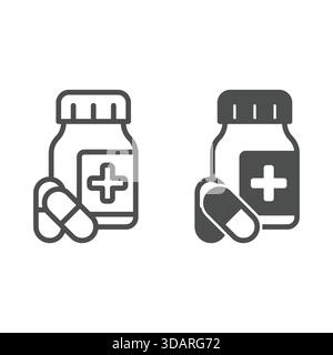 Vasetto di capsule medicinali con linea trasversale e icona solida, concetto di medicina da farmacia. Grafica vettoriale. Pillole di droga segno di bottiglia su sfondo bianco, contorno Illustrazione Vettoriale