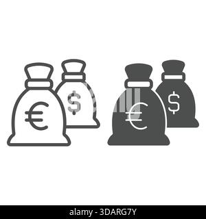 Due sacchetti di denaro abbinano la linea e un'icona solida, concetto bancario. Grafica vettoriale. Simbolo della borsa euro e dollaro su sfondo bianco, icona di stile del contorno per dispositivi mobili Illustrazione Vettoriale