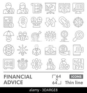 Raccolta o schizzi di simboli di consulenza finanziaria. icone del tema finanziario in stile sottile segnalano web e app. Grafica vettoriale isolata su sfondo bianco Illustrazione Vettoriale