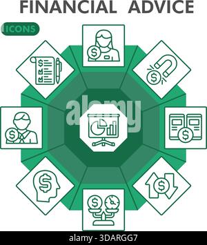 Raccolta o schizzi di simboli di consulenza finanziaria. icone del tema finanziario in stile di linea segnalano web e app. Grafica vettoriale isolata su sfondo bianco Illustrazione Vettoriale