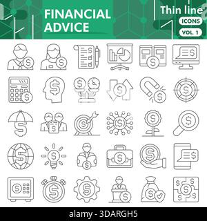 Raccolta o schizzi di simboli di consulenza finanziaria. icone del tema finanziario in stile sottile segnalano web e app. Grafica vettoriale isolata su sfondo bianco Illustrazione Vettoriale