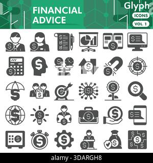 Raccolta o schizzi di simboli di consulenza finanziaria. icone del tema finanziario in stile glifo segnalano web e app. Grafica vettoriale isolata su backgroun bianco Illustrazione Vettoriale