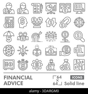 Raccolta o schizzi di simboli di consulenza finanziaria. icone del tema finanziario in stile di linea segnalano web e app. Grafica vettoriale isolata su sfondo bianco Illustrazione Vettoriale