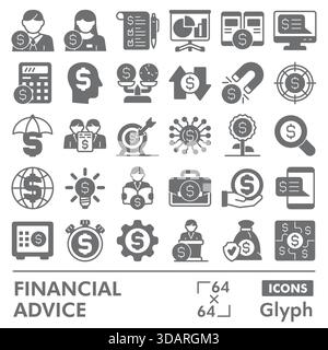 Raccolta o schizzi di simboli di consulenza finanziaria. icone del tema finanziario in stile glifo segnalano web e app. Grafica vettoriale isolata su backgroun bianco Illustrazione Vettoriale