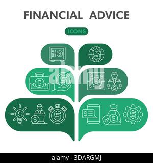 Raccolta o schizzi di simboli di consulenza finanziaria. icone del tema finanziario in stile di linea segnalano web e app. Grafica vettoriale isolata su sfondo bianco Illustrazione Vettoriale