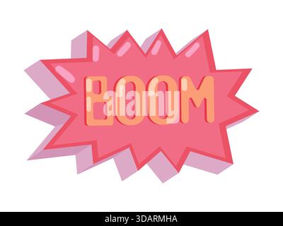 Un'impressionante illustrazione vettoriale comica con la parola BOOM in lettere audaci all'interno di una bolla di discorso stellare. Toni rosa e arancione e un dyna Illustrazione Vettoriale