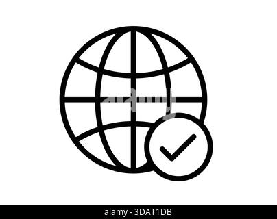 Un'illustrazione semplice e pulita con un globo e un segno di spunta, che rappresenta l'approvazione e la verifica globali. Ideale per progetti relativi a tirocinanti Illustrazione Vettoriale