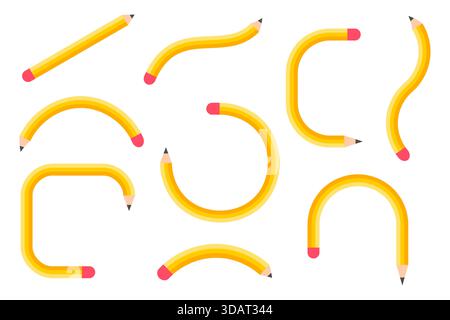Matite di forme diverse. Set di matite stilizzate curve. Elementi di design divertenti per la scuola. Ideale per notebook, diari, grafica per bambini. Vettore Illustrazione Vettoriale
