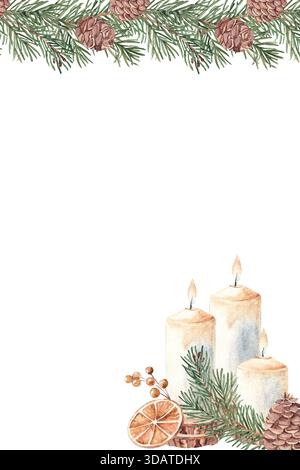 Inverno, cornice verticale quadrata di Natale, bordo. Abete, rami di pino e coni, candele e fette di arancia secca. Accogliente casa botanica disegnata a mano Foto Stock