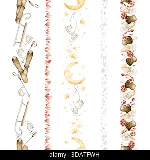 Simpatico divertimento invernale Sport dolci cuori fiocchi di neve senza cuciture bordi. Illustrazione disegnata a mano con acquerello isolata su sfondo bianco per il design dei bambini Foto Stock