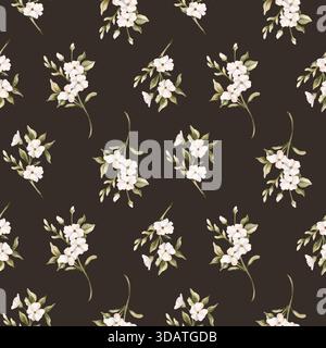 Piccoli fiori bianchi con foglie senza cuciture. Gelsomino, arancia, fiore di mele. Illustrazione isolata floreale dipinta a mano ad acquerello per il matrimonio des Foto Stock