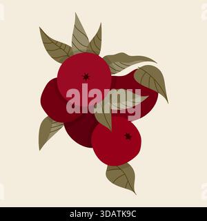 Set di mele rosse trafilate a mano con foglie. Illustrazione vettoriale, design piatto Illustrazione Vettoriale