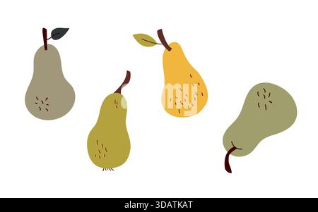 Set di pere trafilate a mano. Illustrazione vettoriale, design piatto Illustrazione Vettoriale