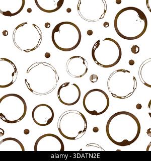 Macchie e gocce di caffè senza cuciture. La forma marrone del fondo della tazza da caffè suona e spruzza. Grunge cerchi e spruzzi. Sfondo vettoriale per fabr Illustrazione Vettoriale