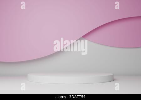Sfondo 3D con podio bianco, curve lavanda chiaro e base grigia Foto Stock