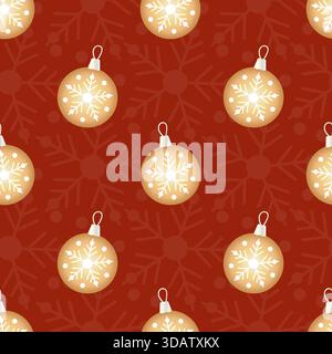 Motivo rosso di Capodanno con palle d'albero di Natale dorate e fiocchi di neve. Natale Vibe. Illustrazione vettoriale Illustrazione Vettoriale