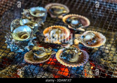 Guscio turbanico e capesante sfrigolano vicini sul grill a carbone aperto dell'Ama Hut Experience, Shima, prefettura di Mie, Giappone. Tradizionalmente, le dive Ama preparavano anche il loro pranzo con frutti di mare appena pescati. Foto Stock