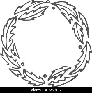 Un disegno in bianco e nero di una corona con foglie. La corona è circolare e ha molte foglie sopra di essa. Le lamelle vengono disegnate in modo stilizzato, con Illustrazione Vettoriale