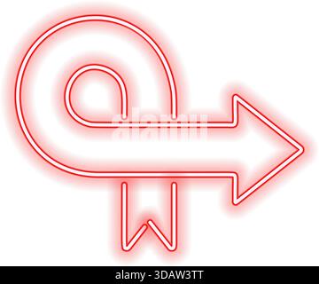 Un cartello al neon rosso e bianco con una freccia rivolta verso destra. Il cartello è progettato per assomigliare a un nastro o a una forma simile a un nastro Illustrazione Vettoriale