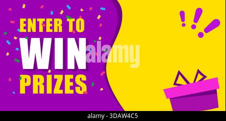 Partecipa per vincere premi. striscione verticale. confezione regalo bianca su sfondo viola arancione e punti esclamativi. Fuochi d'artificio o coriandoli in giro. Origami cartoni animati Illustrazione Vettoriale