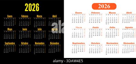 Francese. Anno solare Rainbow 2026. calendario vettoriale. La settimana inizia lunedì. Illustrazione Vettoriale