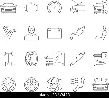 Una serie di icone di servizio automatico con tratti modificabili, adatte per vari progetti e illustrazioni relativi al settore automobilistico e dei trasporti. Illustrazione Vettoriale