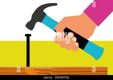 Mano che regge un martello per colpire un chiodo. Concetto di costruzione e fai da te. Foto Stock