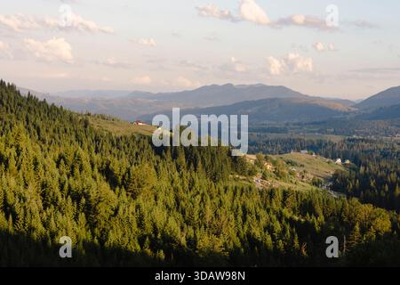 Un paesaggio estivo mozzafiato caratterizzato da lussureggianti foreste verdi, colline dolcemente ondulate e maestose montagne sotto un cielo limpido, catturando la serena bea Foto Stock