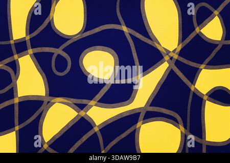 Illustrazione di motivi retrò dinamici con linee ondulate giocose. Il giallo audace e il blu scuro creano un design allegro e psichedelico che evoca lo stile anni '70 Foto Stock
